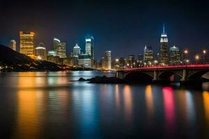 uma cidade Horizonte às noite com luzes refletindo fora a água. gerado por IA foto