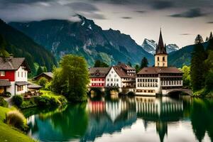 uma rio e uma montanha Vila dentro a Alpes. gerado por IA foto