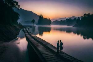 a casal é em pé em a de madeira ponte às nascer do sol. gerado por IA foto