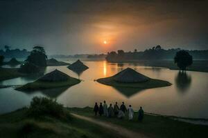 pessoas caminhando ao longo uma rio às nascer do sol. gerado por IA foto