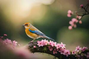 uma azul e amarelo pássaro é empoleirado em uma ramo com Rosa flores gerado por IA foto