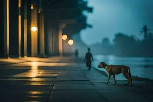 uma cachorro caminhando ao longo uma calçada às noite. gerado por IA foto