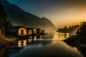 uma rio dentro a montanhas com cabanas e uma pôr do sol. gerado por IA foto