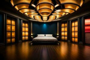 uma quarto com uma ampla cama e uma ampla lustre. gerado por IA foto