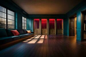 uma quarto com azul paredes e de madeira andares. gerado por IA foto