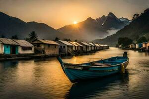 uma barco é ancorado dentro a água às pôr do sol. gerado por IA foto