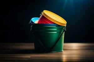 uma balde com três colorida baldes em uma de madeira mesa. gerado por IA foto