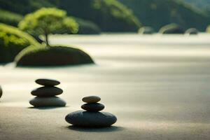 uma zen jardim com pedras e árvores gerado por IA foto