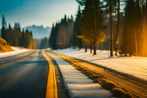 uma estrada dentro a inverno com neve e árvores gerado por IA foto