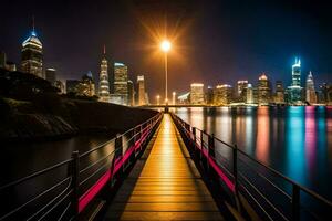 uma grandes ponte sobre água com uma cidade Horizonte dentro a fundo. gerado por IA foto