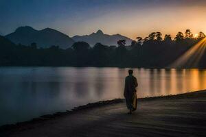 uma homem caminhando ao longo a costa do uma lago às pôr do sol. gerado por IA foto