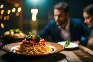 uma homem e mulher sentado às uma mesa com uma prato do espaguete. gerado por IA foto