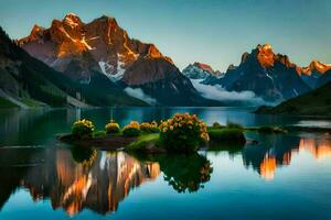 montanhas refletido dentro uma lago às pôr do sol. gerado por IA foto