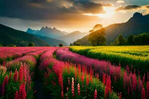 uma campo do Rosa flores e montanhas às pôr do sol. gerado por IA foto