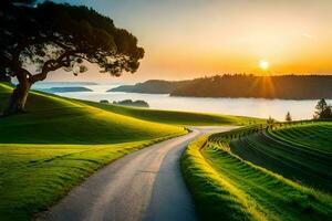 a estrada para a pôr do sol. gerado por IA foto