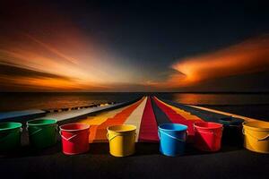 colorida baldes em a de praia às pôr do sol. gerado por IA foto
