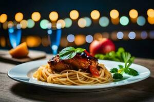 uma prato do espaguete e frango em uma de madeira mesa. gerado por IA foto