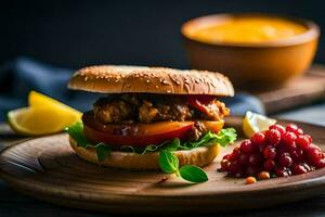 uma hamburguer com tomate, alface e cranberries em uma de madeira placa. gerado por IA foto