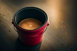 uma vermelho balde com uma café feijão dentro. gerado por IA foto