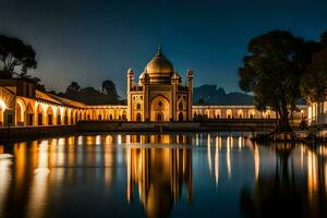 a mesquita às noite com reflexões dentro a água. gerado por IA foto