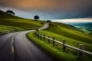 uma enrolamento estrada dentro a meio do uma verde campo. gerado por IA foto