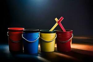 quatro baldes com colori tampas e Gravetos. gerado por IA foto
