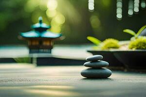 uma zen jardim com pedras e uma lanterna. gerado por IA foto