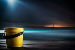 amarelo balde em a de praia às noite. gerado por IA foto