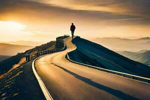 uma homem em pé em a lado do uma montanha estrada. gerado por IA foto