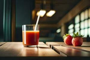 uma vidro do suco com morangos em uma mesa. gerado por IA foto
