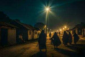 pessoas caminhando dentro a Sombrio dentro uma Vila às noite. gerado por IA foto