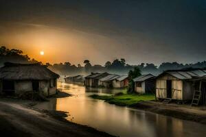 uma rio corre através uma Vila às pôr do sol. gerado por IA foto