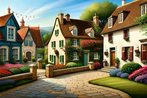 uma pintura do uma rua com casas e flores gerado por IA foto