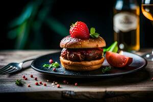 uma Hamburger com morango e uma vidro do vinho. gerado por IA foto