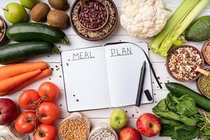 bloco de notas com palavras plano de refeição com alimentos saudáveis, vista de cima plana lay foto