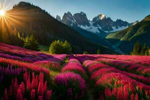 a Sol brilha sobre uma campo do Rosa flores gerado por IA foto