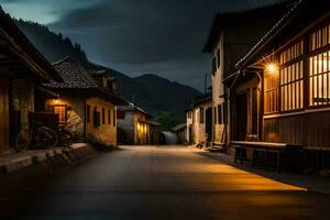 uma Sombrio rua dentro a montanhas às noite. gerado por IA foto