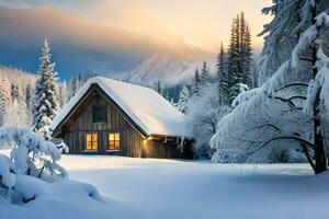 uma cabine dentro a neve com árvores e neve. gerado por IA foto