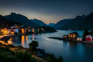 foto papel de parede a céu, montanhas, água, casas, a noite, a montanhas, Noruega. gerado por IA