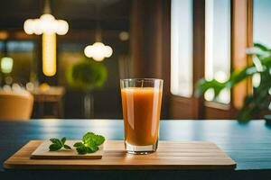 uma vidro do suco em uma mesa com uma plantar. gerado por IA foto