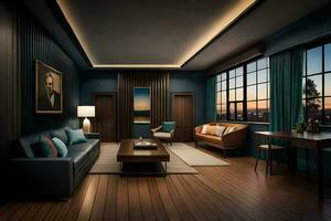 uma vivo quarto com azul paredes e madeira andares. gerado por IA foto