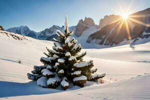 uma Natal árvore dentro a neve. gerado por IA foto