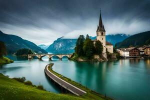 uma Igreja e ponte sobre uma rio dentro a montanhas. gerado por IA foto