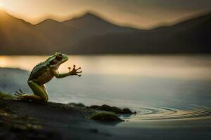 uma rã sentado em a Beira do uma lago às pôr do sol. gerado por IA foto