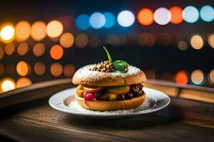 uma hamburguer com fruta e nozes em uma placa. gerado por IA foto