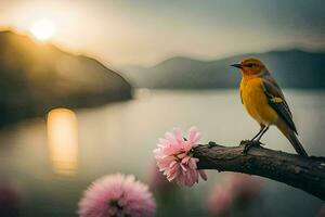 uma amarelo pássaro senta em uma ramo perto uma lago. gerado por IA foto