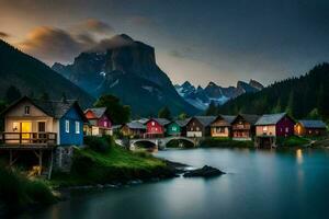 foto papel de parede a céu, montanhas, água, casas, a Vila, a lago, a montanhas. gerado por IA