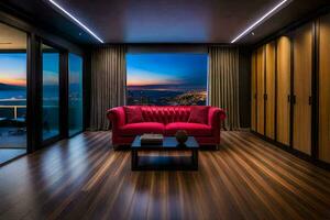 uma vivo quarto com uma vermelho sofá e uma Visão do a cidade. gerado por IA foto