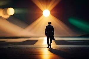 uma homem dentro uma terno anda em através uma Sombrio estrada às noite. gerado por IA foto