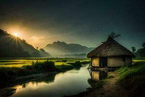 a Sol sobe sobre uma arroz campo dentro a manhã. gerado por IA foto